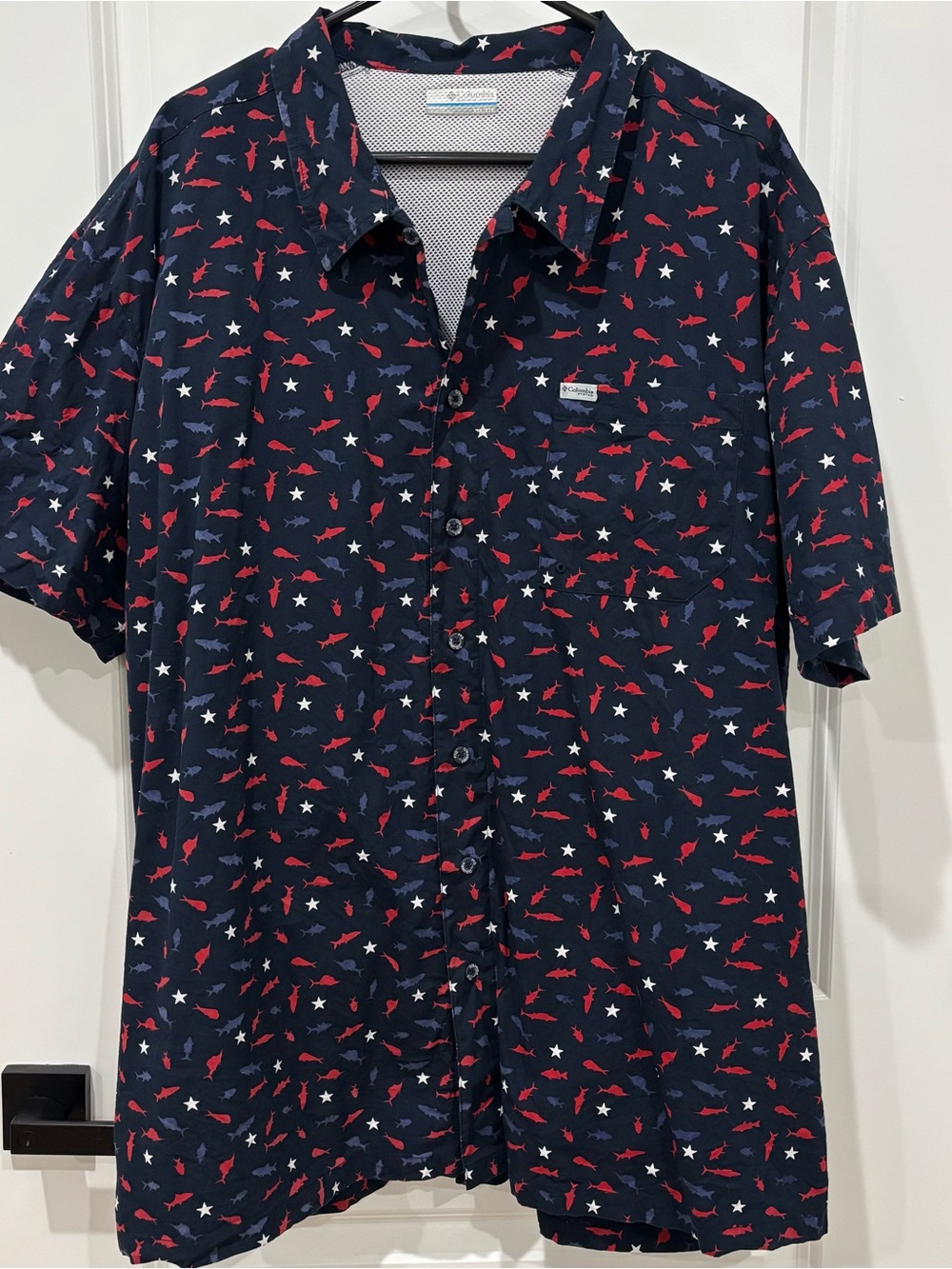 Columbia Navy Shirt with Red and White Fish Print